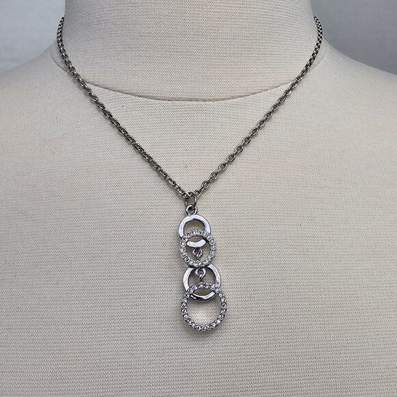 Cascading Circles Pendant Necklace Clear Rhinestones Silvertone Chain 18 inches - Picture 1 of 6